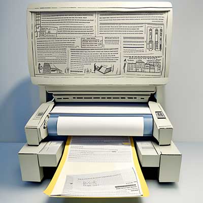 A conveyor belt with documents entering a machine and coming out as digital data or icons representing structured data.