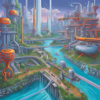 A digital landscape with two distinct paths one leading to a futuristic city labeled DPA and the other to a robotic factory labeled RPA with curious explorers journeying towards both