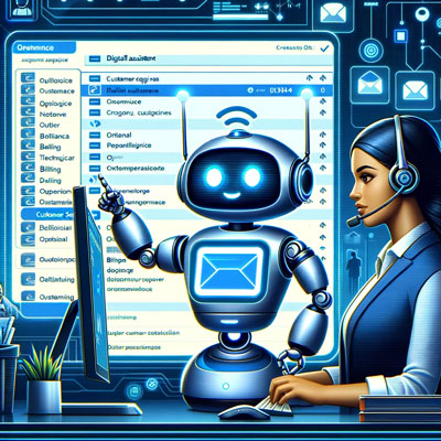 a digital assistant bot sorting and tagging incoming customer queries while a customer service agent focuses on resolving complex issues