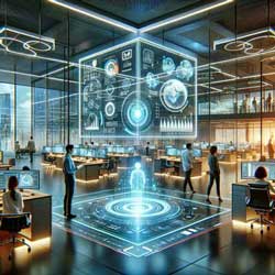 a futuristic workspace where human and AI collaborate seamlessly