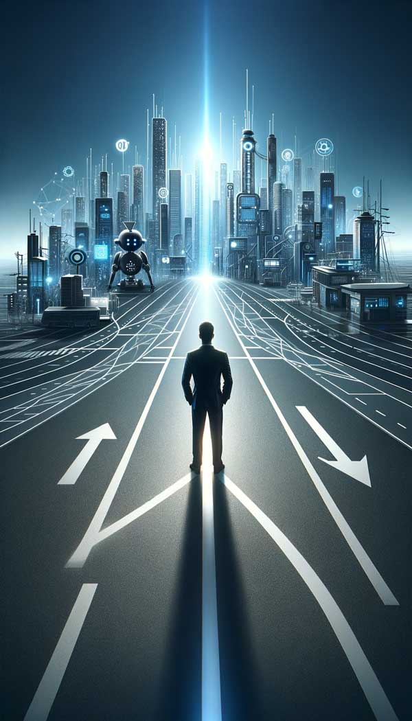 A man standing at digital crossroads