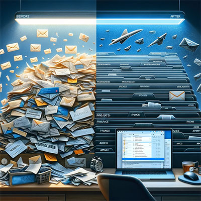 The collage showcasing the 'before-and-after' scenario of an email inbox transformation